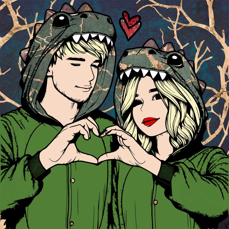 realistic couple wearing matching dinosaur onesies with heart hand gesture