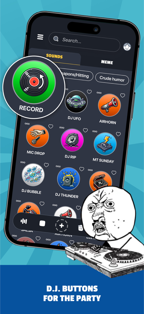 Sounds Effects by Whatsticker - Interface de aplicativo soundboard apresentando botões de efeitos sonoros engraçados e uma opção de gravação