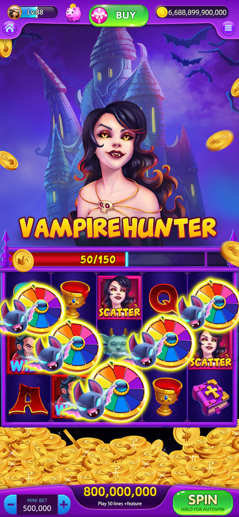 Lucky Spin Slot Machines - Interface de machine à sous sur le thème Vampire Hunter avec un personnage de vampire féminin et des pièces d'or