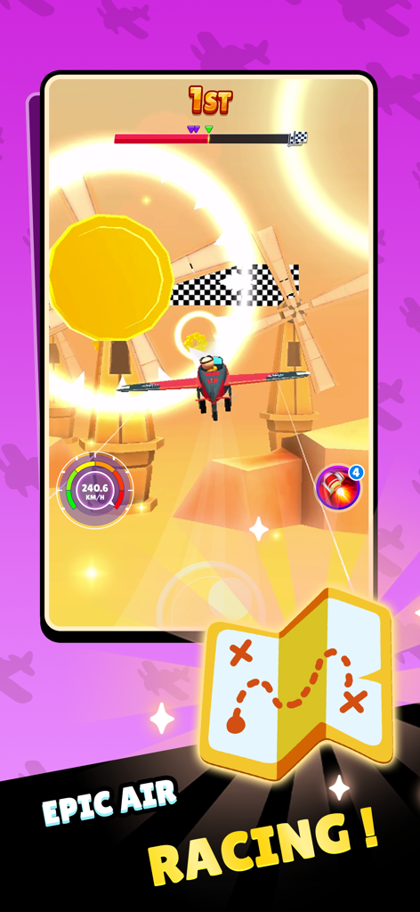 Merge Plane: Air Race! - Un avión rojo compitiendo a través de anillos dorados en un entorno desértico