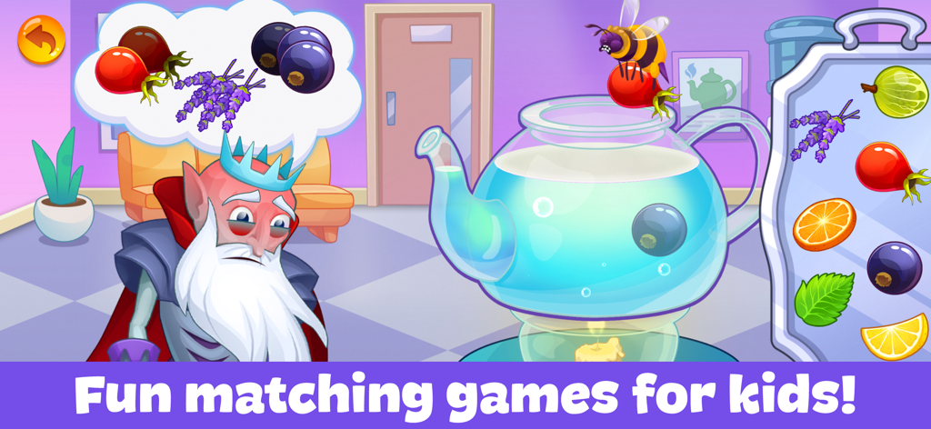 Juego de emparejar para niños con un personaje enfermo y un rompecabezas de ingredientes para el té