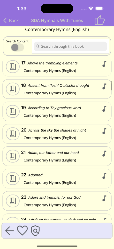SDA Hymnals With Tunes - Un elenco di inni contemporanei in inglese nell'app SDA Hymnals With Tunes