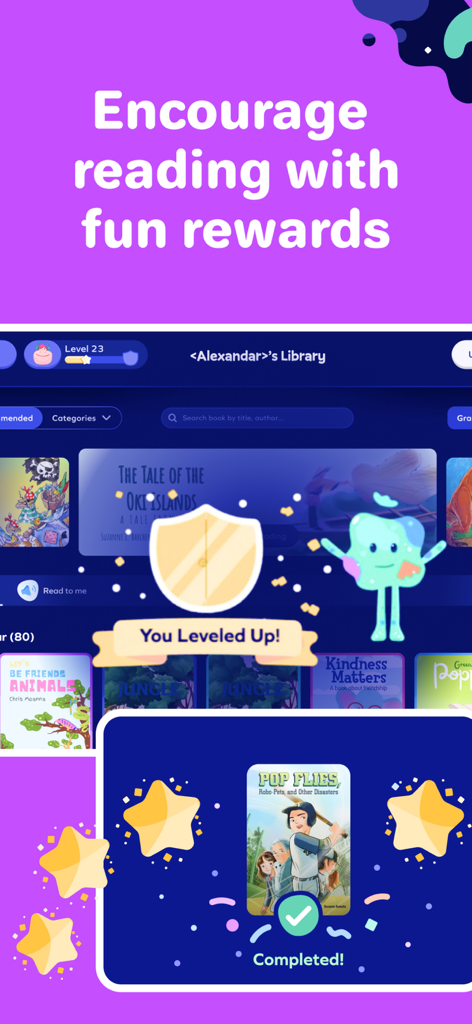 Splash Books: Kids Reading App - Splash Books app interface showing reading rewards, a level up message, and a completed book with stars.