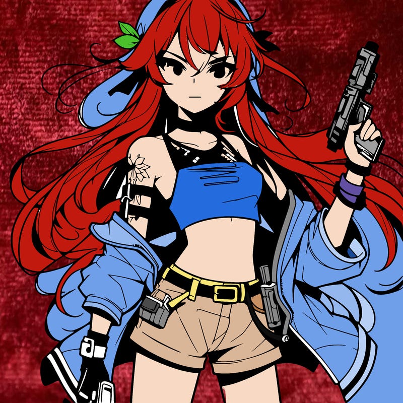 bad girl wearing crop top holding a gun long hair anime