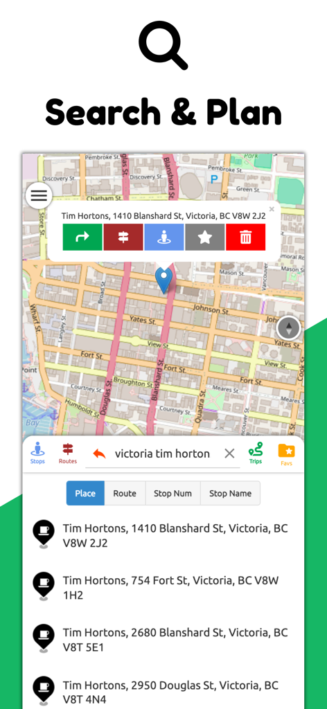 Victoria Transit BC - Victoria Transit BC app search and plan interface with a map and location results
