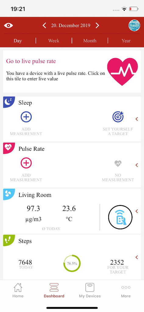 Soehnle Connect app dashboard displaying pulse rate, steps, and air quality metrics.