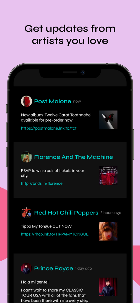 Bandsintown Concerts - Bandsintown App-Oberfläche mit einem Feed von Künstler-Updates, Neuigkeiten und Tourankündigungen von Post Malone und Red Hot Chili Peppers.
