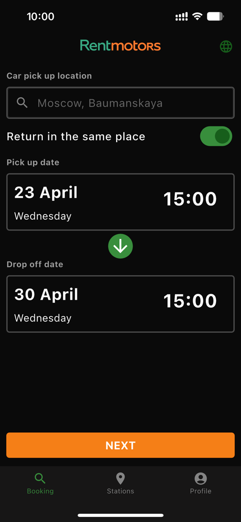 Rentmotors rent-a-car - Rentmotors 렌터카 앱 예약 화면, 지역 검색 및 날짜 선택 기능 포함