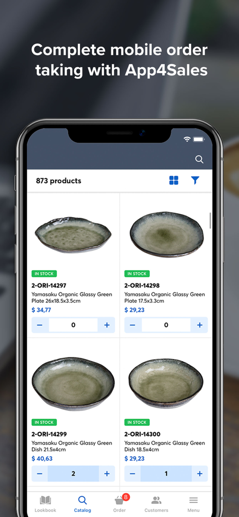 App4Sales - Écran du catalogue numérique de l'application mobile App4Sales montrant le stock et les prix des produits pour les commerciaux B2B