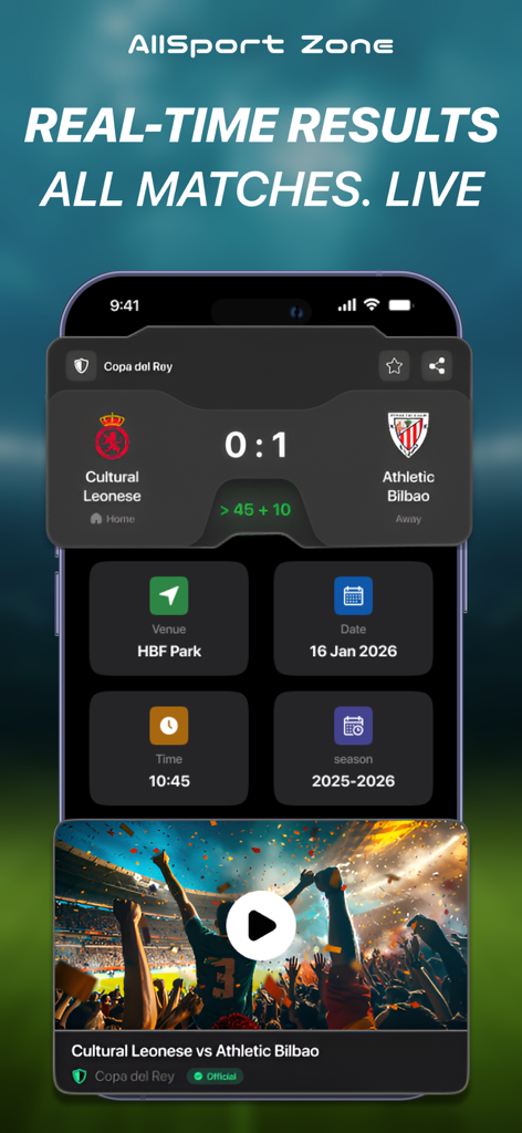 Cultural Leonese 대 Athletic Bilbao의 실시간 축구 점수와 경기 통계를 보여주는 모바일 앱 인터페이스