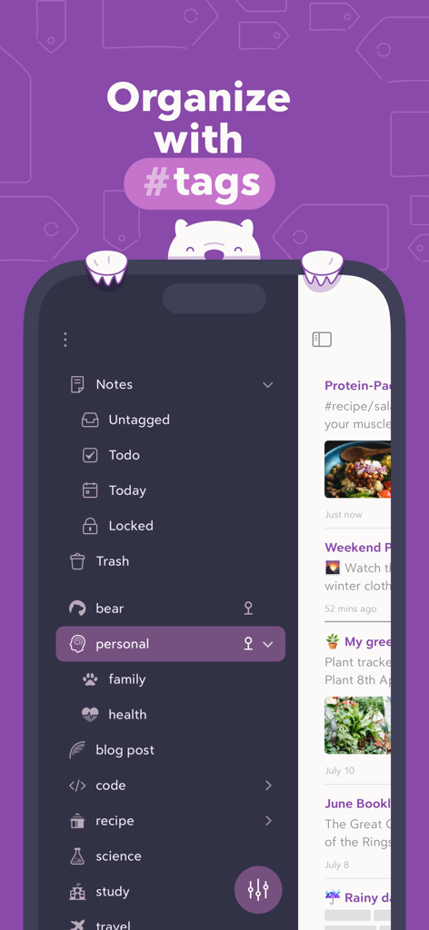Bear - Markdown Notes - Bear app interface showing note organization using nested hashtags in a dark mode sidebar