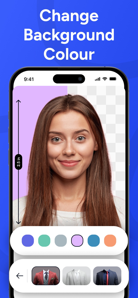 App interface showing a woman's portrait with options to change the photo background color and add formal attire.