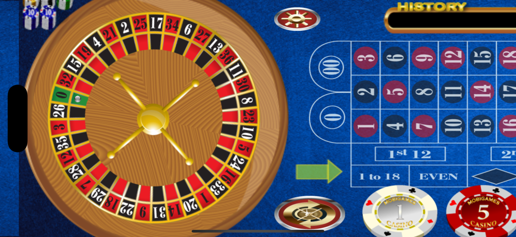 A top-down view of an American roulette wheel and betting table with casino chips