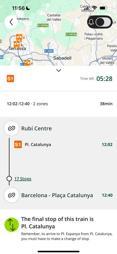 Pantalla de la app móvil de FGC que muestra los detalles de la ruta del tren de Rubí Centre a Barcelona Plaça Catalunya