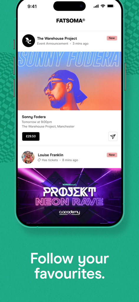 Fatsomaアプリのインターフェース。今後のナイトライフイベントやフォローすべきプロモーターのソーシャルフィードが表示されている。