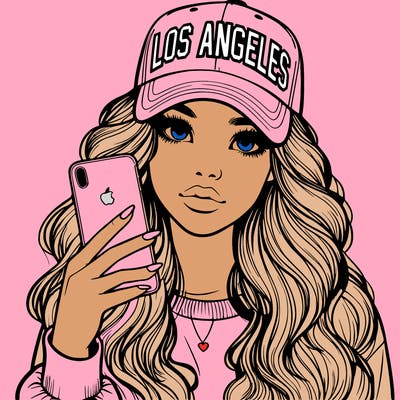 realistic beautiful girl wearing los ángeles cap holding an iphone