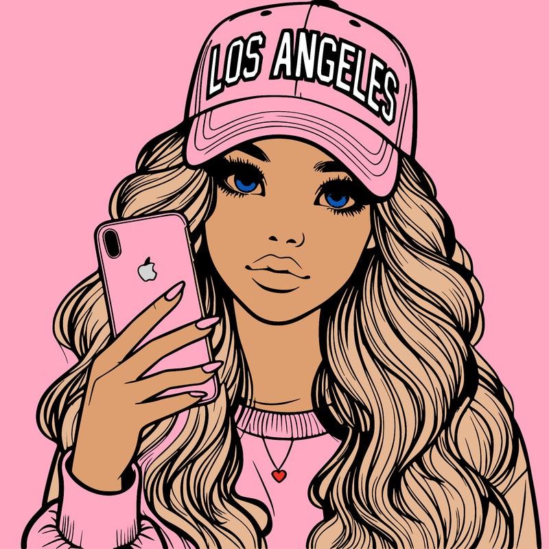 realistic beautiful girl wearing los ángeles cap holding an iphone