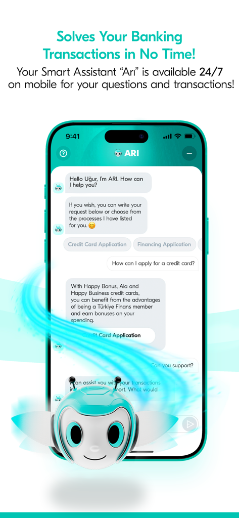 Smartphone-Bildschirm mit dem Ari KI-Assistenten-Chatbot in der Turkiye Finans Mobile App für 24/7-Bankunterstützung