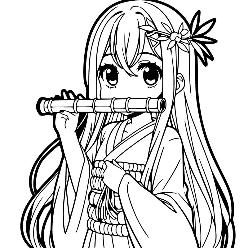 anime girl with a small and big bamboo in her mouth long hair and pink dress with a long and loose gianna