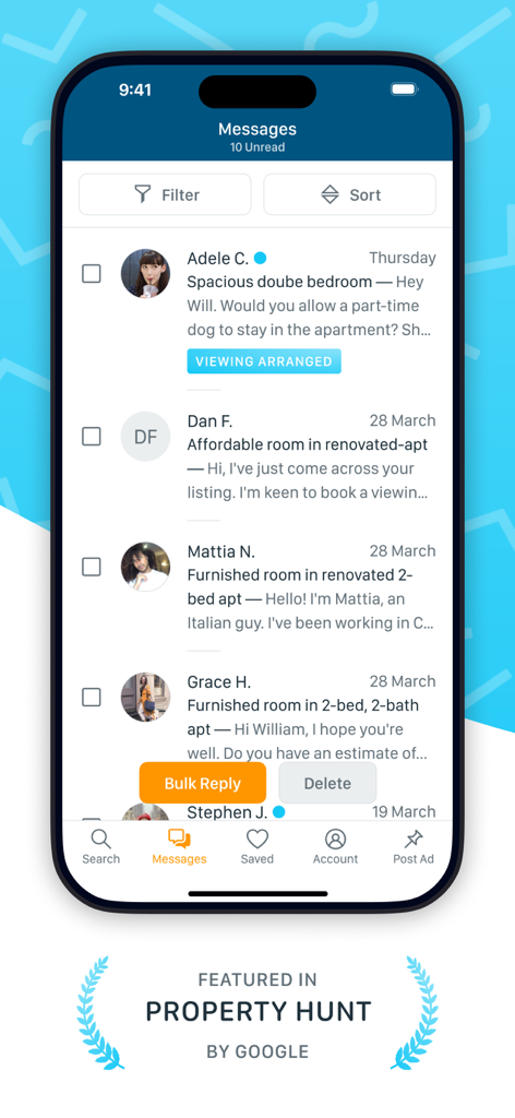 SpareRoom - SpareRoom app messaging screen showing list of conversations for room rentals