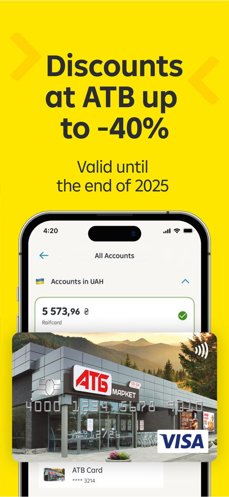 MyRaif mobile app displaying an ATB card with a 40 percent discount offer at ATB stores