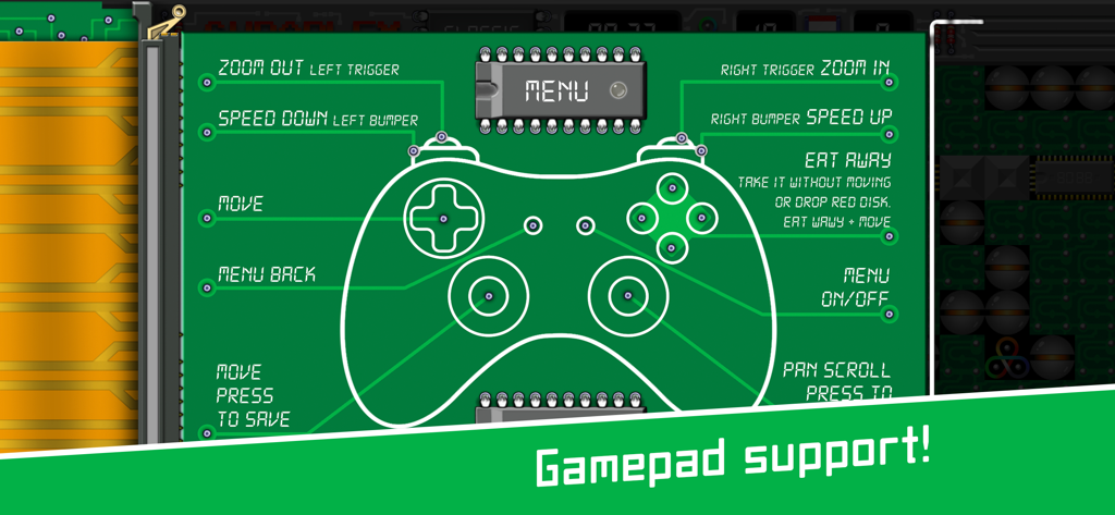 Supaplex - Diagram showing gamepad controller button mapping for the Supaplex game on a circuit board background.