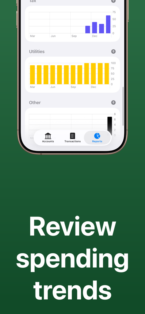 Budget Planner & Money Plan - Schermata dei rapporti finanziari che mostra le tendenze di spesa mensili per diverse categorie in un'interfaccia minimalista.