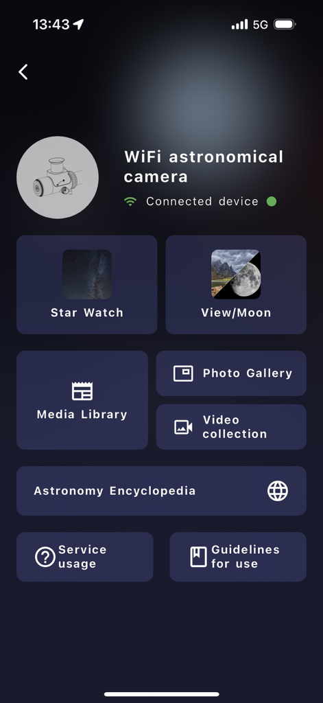 AR-Telescope - AR-Telescope mobile app dashboard showing a connected WiFi astronomical camera with menu options for star watching and media library