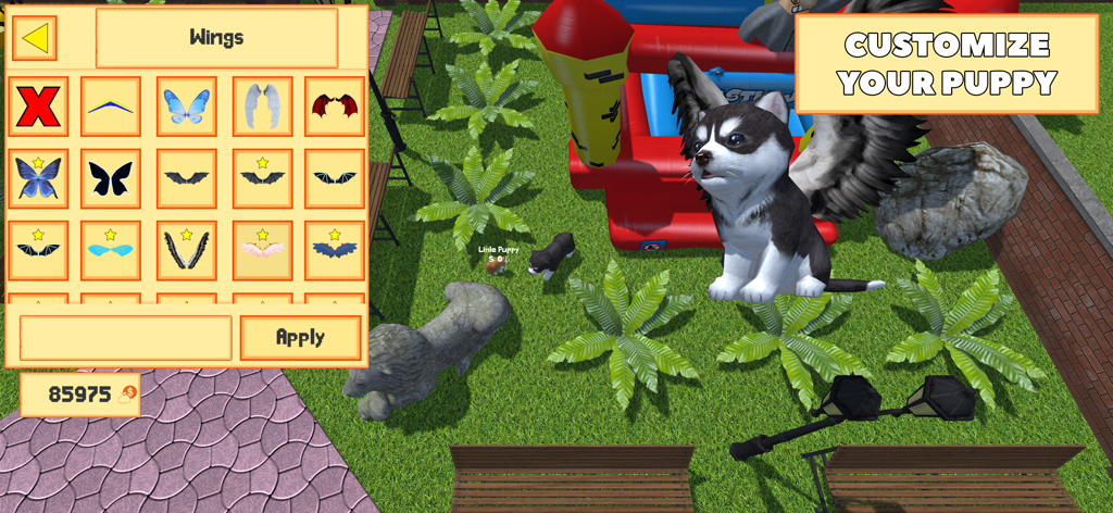 Cute Pocket Puppy 3D - Part 2 - Un cachorro husky con grandes alas blancas y negras en un parque virtual, con un menú de personalización que muestra varias opciones de alas como mariposa y murciélago.