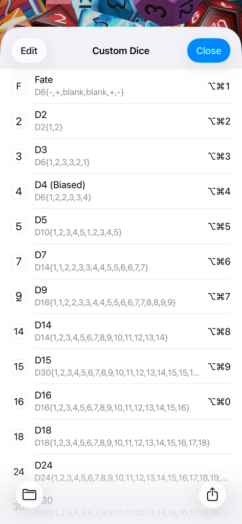 A menu in the Dice by PCalc app showing a list of custom dice configurations and their keyboard shortcuts