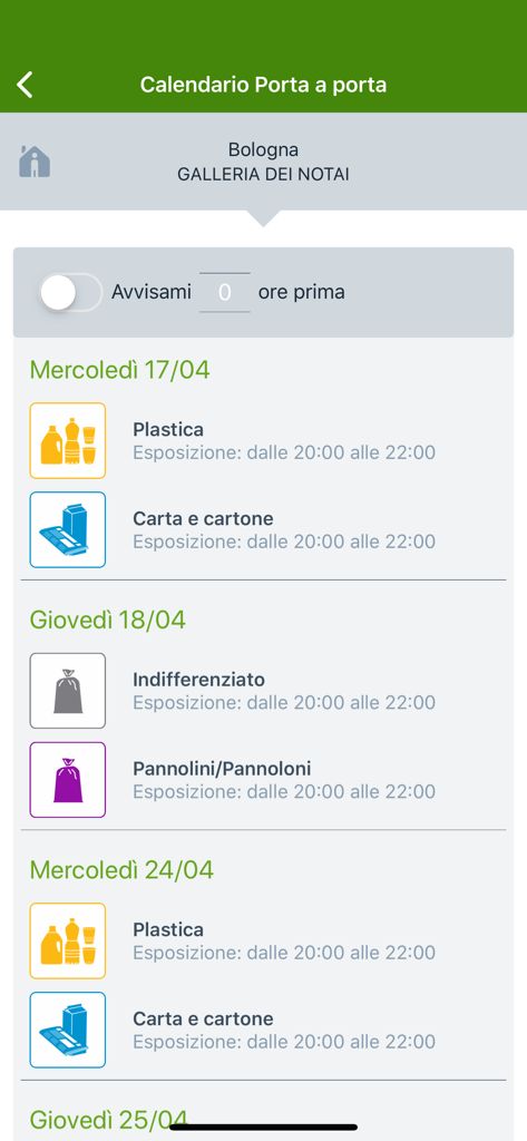 Interfaccia del calendario di raccolta rifiuti porta a porta sull'app mobile il Rifiutologo