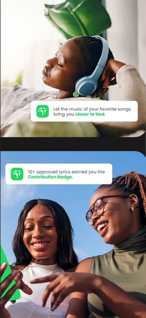Zemare - A woman peacefully listening to music with headphones and two friends sharing a moment while using the Zemare worship app