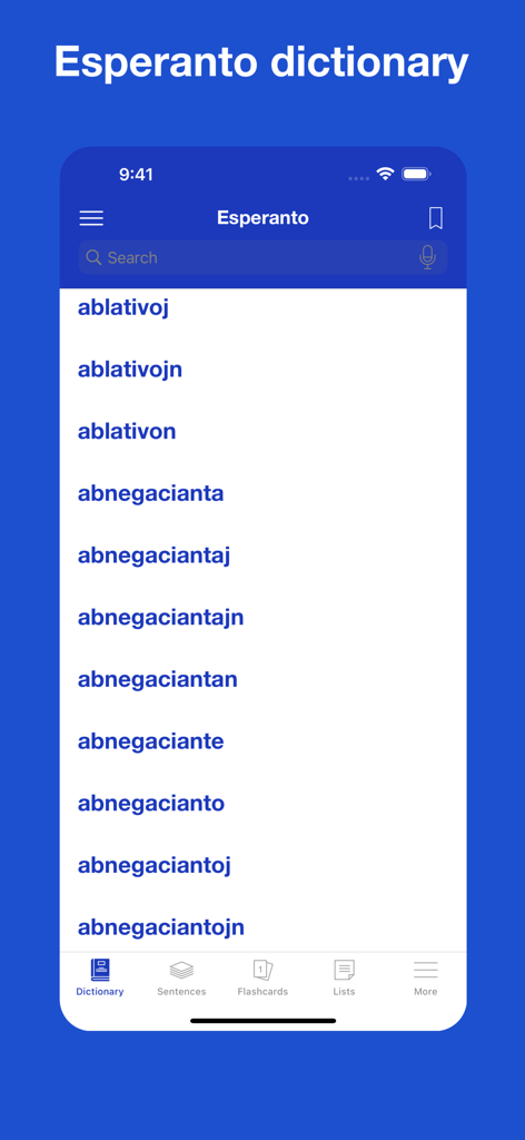 Interfaz de la aplicación Diccionario de Esperanto que muestra una lista de resultados de búsqueda de vocabulario