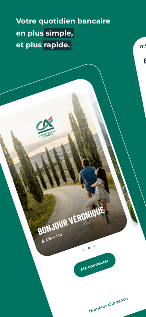 Login screen of Ma Banque app featuring a couple on a bicycle and a log in button