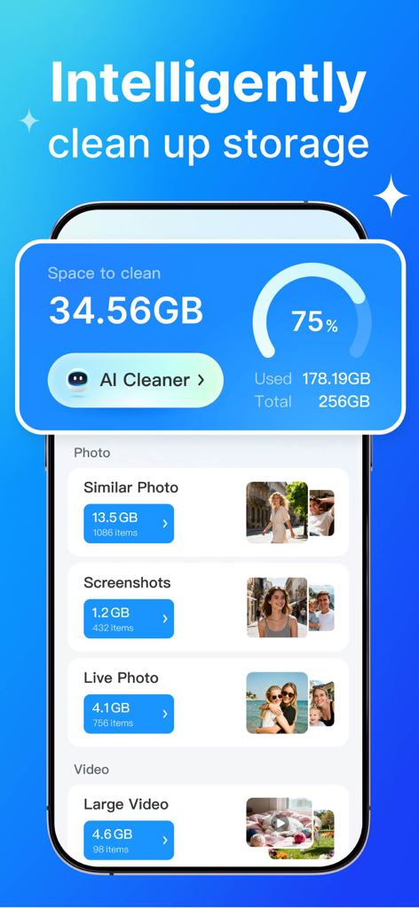 TopCleaner:Release Storage - TopCleaner app interface showing storage usage and AI cleaning options for photos and videos