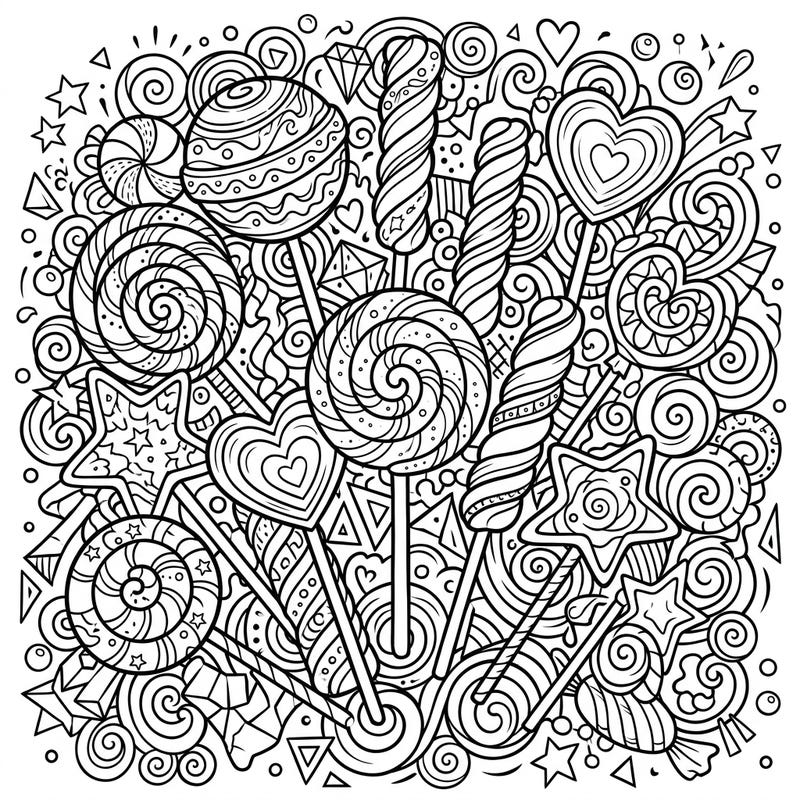 Get ready for a sweet adventure with this detailed lollipops coloring page, perfect for creative teens. Featuring a variety of candy shapes and intricate background patterns, it's a delightful challenge waiting for your unique colors.