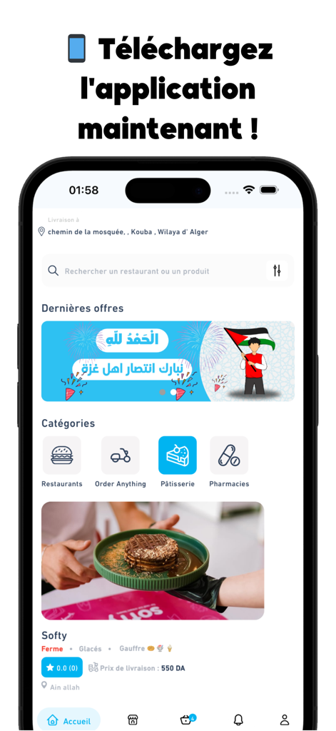 Fel'7in - Home screen of the Fel'7in delivery app showing categories for restaurants and pharmacies in Algiers