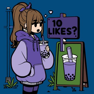 girl with oversized hoodie drinking boba and she has a high ponytail with a sign that says 10likes?