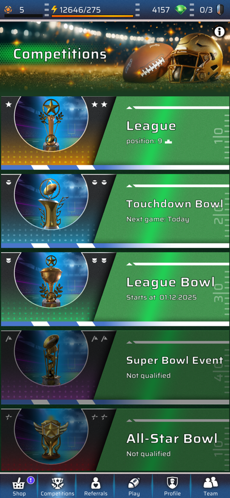 Touchdown - Football PvP Game - Touchdown Football PvP Game competitions menu showing league and bowl events