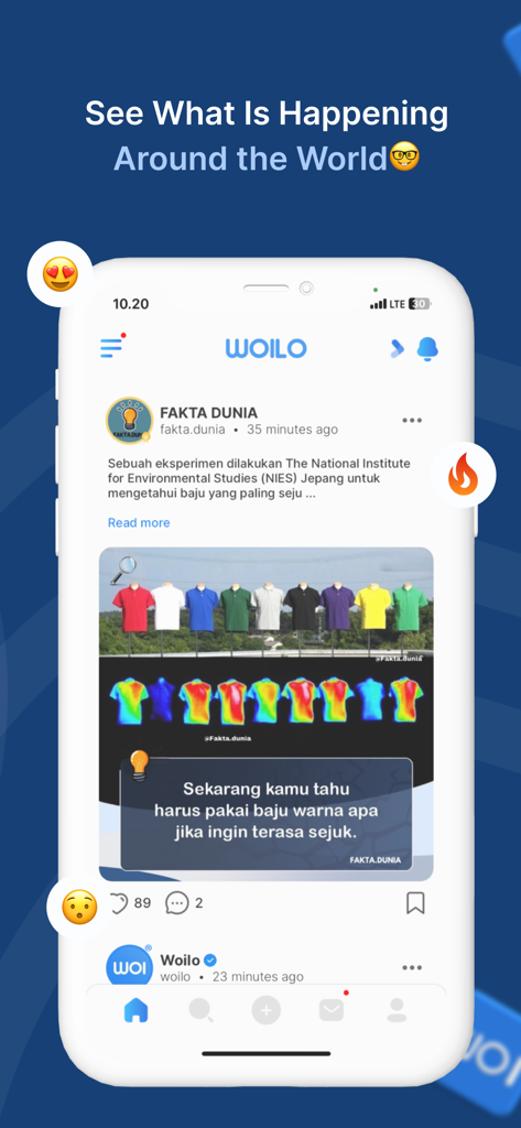 Woilo : Photo, Video, Chat - A screenshot of the Woilo social media app showing a global news feed and trending content.
