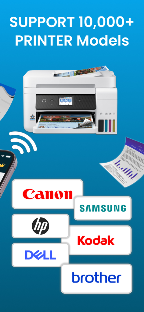 Print: Smart Wireless Printer - Infographie montrant la prise en charge de plus de 10 000 modèles d'imprimantes, y compris Canon, HP, Samsung et Brother