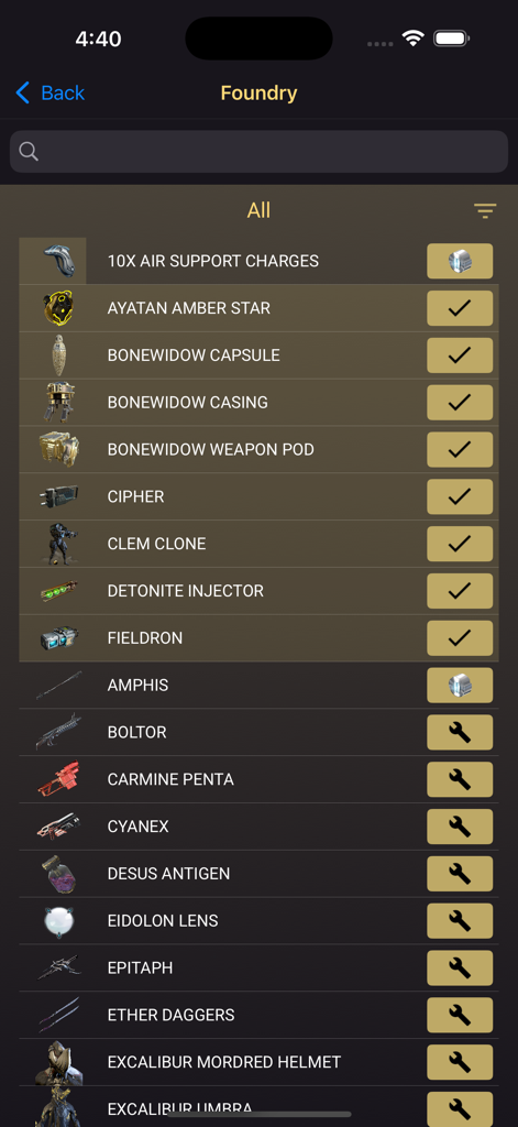 Warframe Companion - A screenshot of the Warframe Companion app showing the Foundry screen with a list of in-game items and their crafting status.
