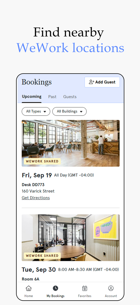 WeWork: Flexible Workspace - WeWork mobile app display of upcoming workspace and meeting room bookings