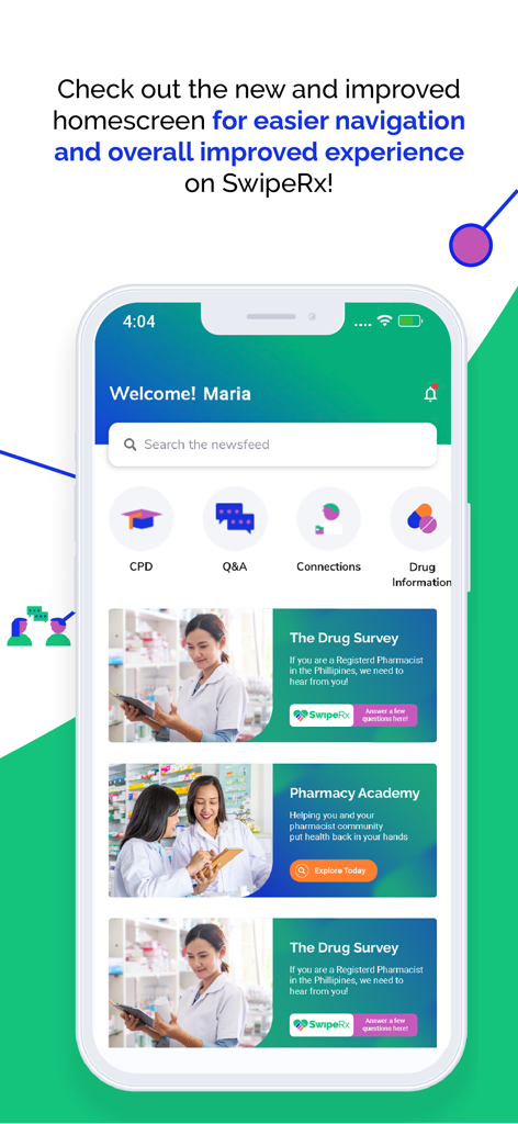 SwipeRx - SwipeRx app homescreen showing navigation icons for CPD, Q&A, connections, and drug information.
