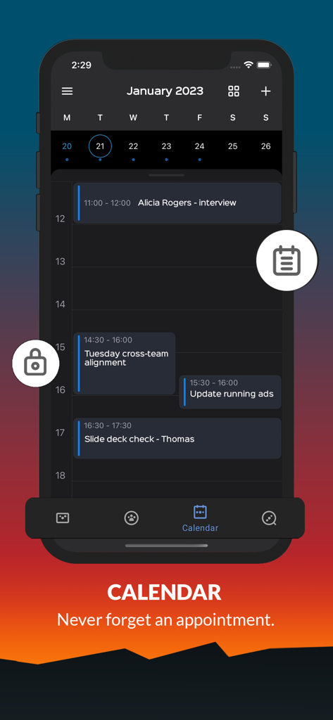 Interfaccia del calendario di Carbonio Mail che mostra appuntamenti professionali programmati in modalità scura