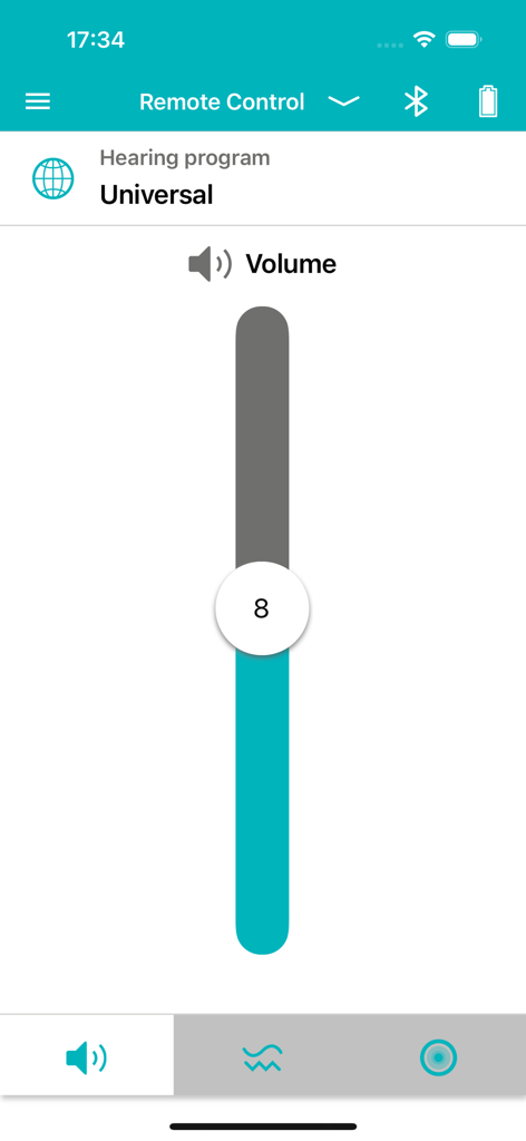 Vibe App - Vibe App remote control screen displaying a vertical volume slider and universal hearing program selection
