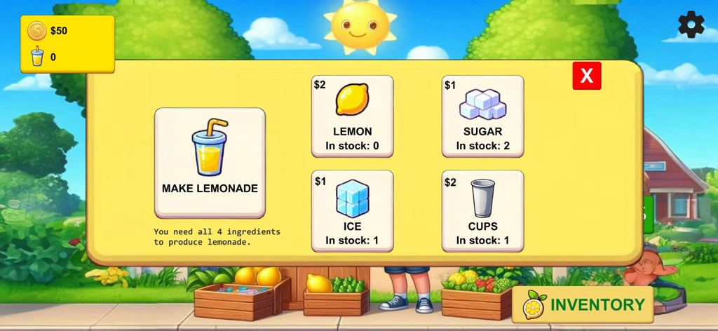 Lemonade Business Tycoon - Lemonade Business Tycoon gameplay screen showing ingredient stock and costs for production