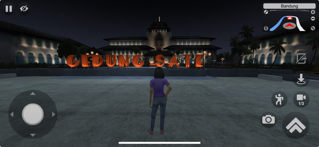 A character in front of the Gedung Sate building in Bandung at night in Bus Simulator Indonesia