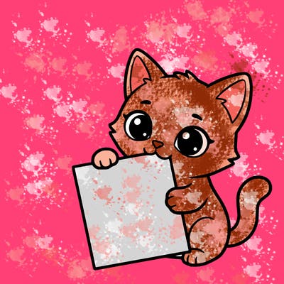 a small cat with a blank sheet of paper in its hand. the cat is sooooooo cute!