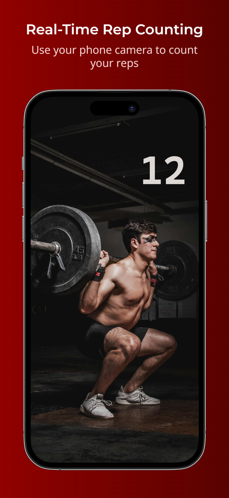 GymCam - Camera Rep Counting - A man performing a barbell squat in a gym with an AI camera overlay counting twelve reps